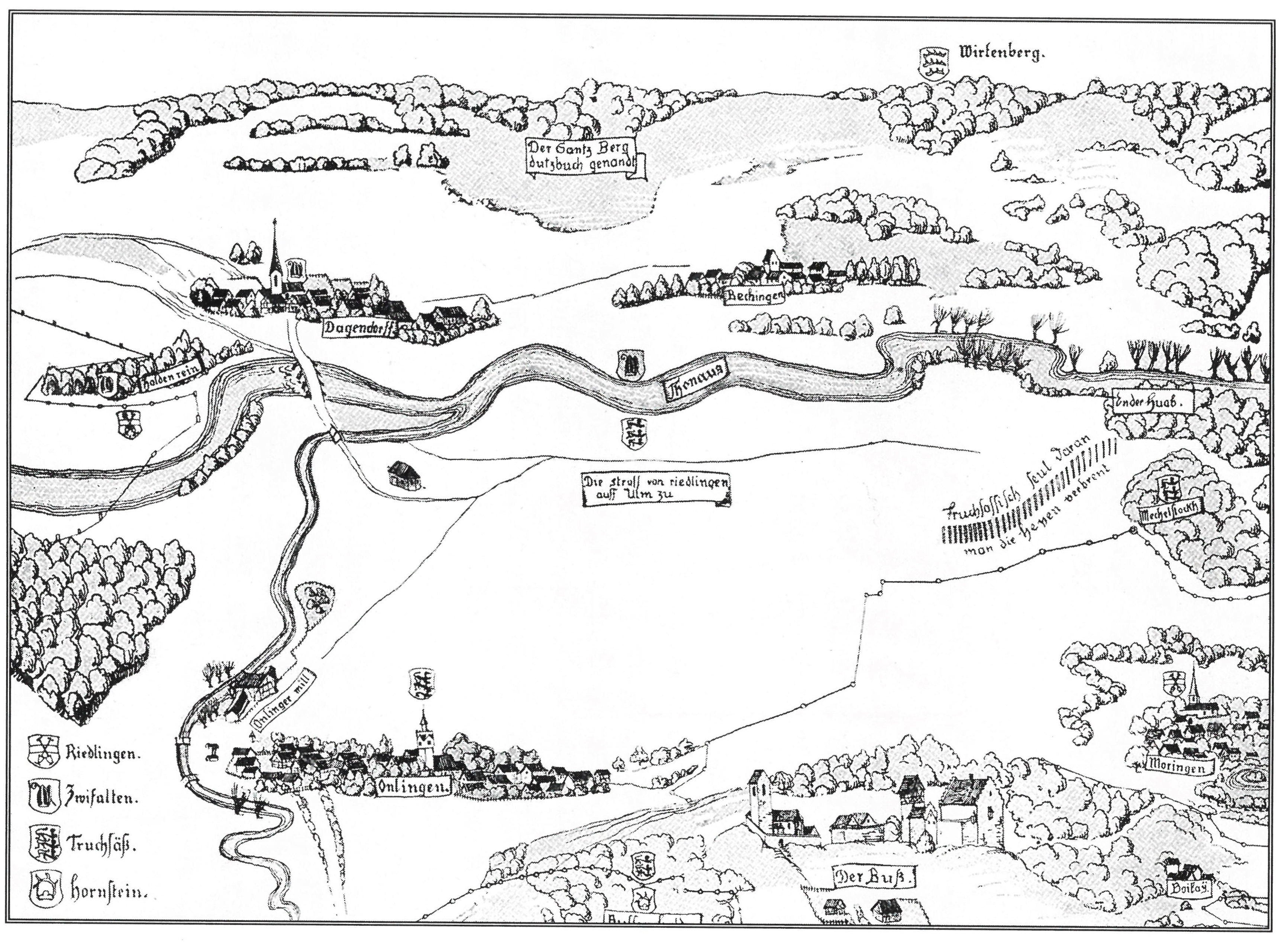  Unlingen im Jahr 1590. Nördlich von Unlingen vor dem Wald die Hexensäulen; nach der Reulin'schen Karte. 