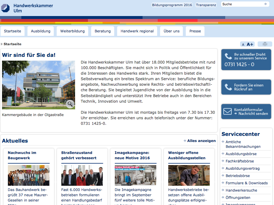  Screenshot Startseite Homepage HWK 