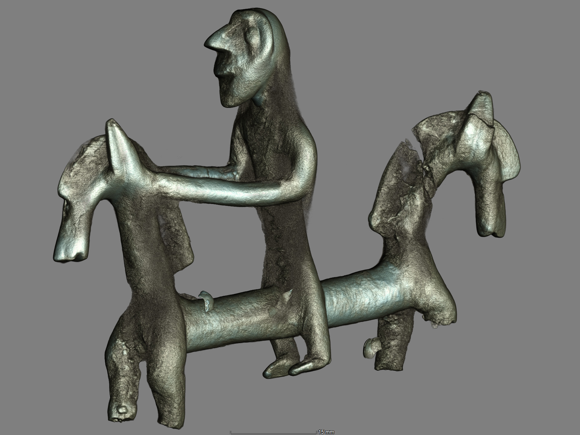  Das bronzene Reiterfigürchen aus dem Zentralgrab in Hügel 3 im CT-Scan. Länge 8,5 cm. [Foto: © Landesamt für Denkmalpflege im Regierungspräsidium Stuttgart] 